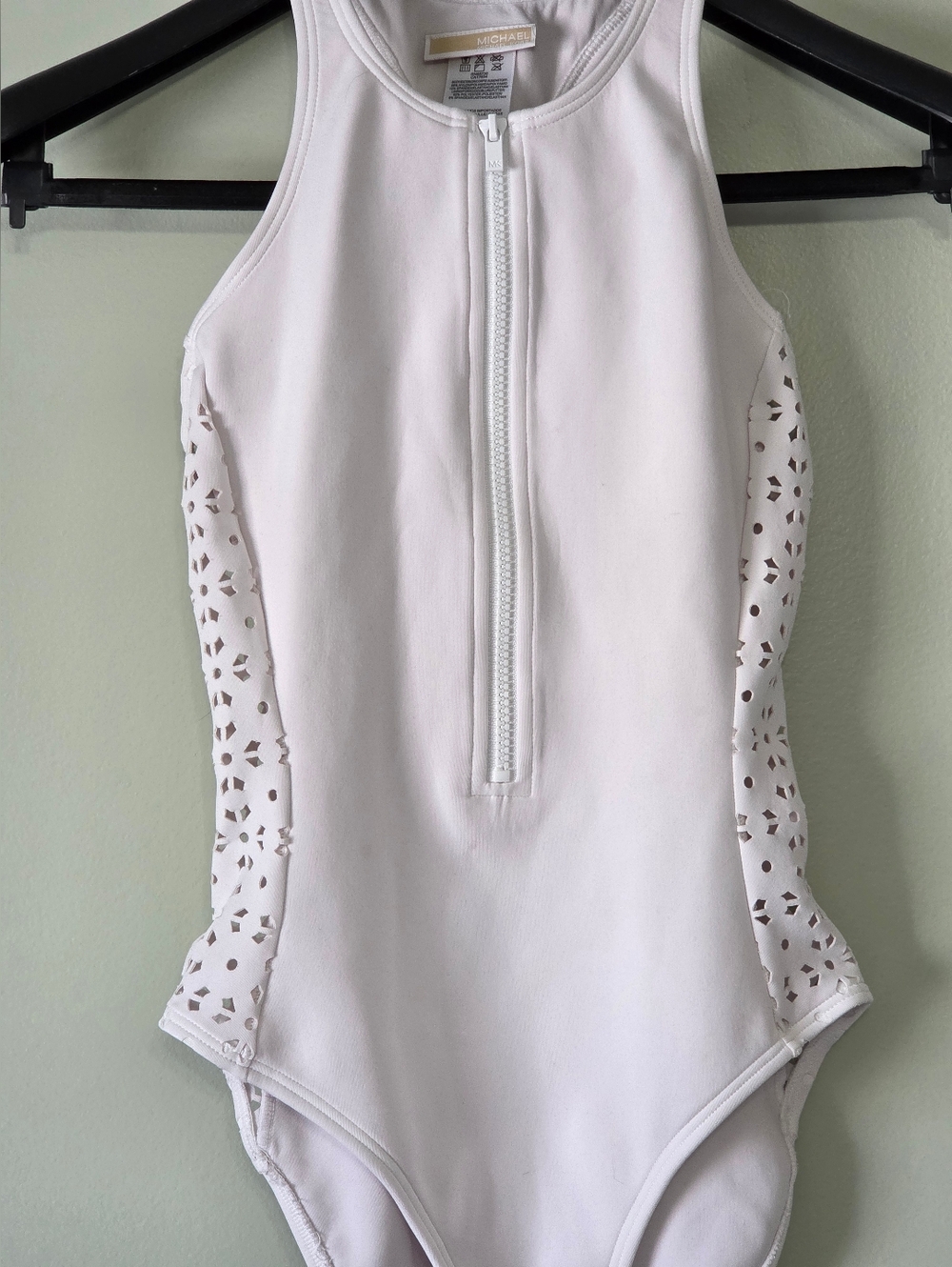 Michael Kors Lilac Laser Eyelet Zip-Front Racerback One-Piece Swimsuit Sz 6 - Picture 12 of 14